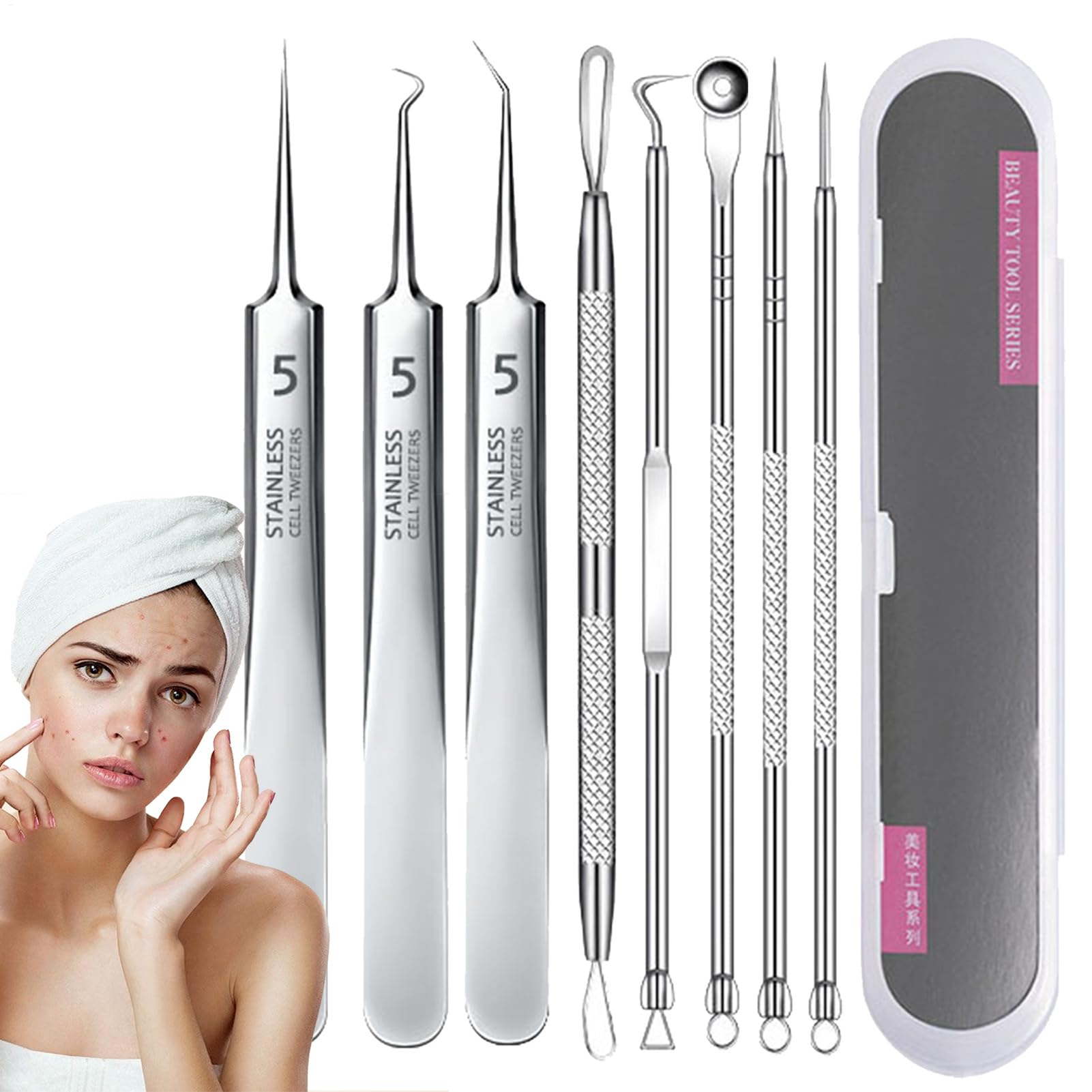 Stainless Steel Tweezers Kit - Pimple Remover Tools, Curved and Pointed Comedone Extractor Set with Storage Box, Professional and Skin Care Tools for Pimples, Whitehead