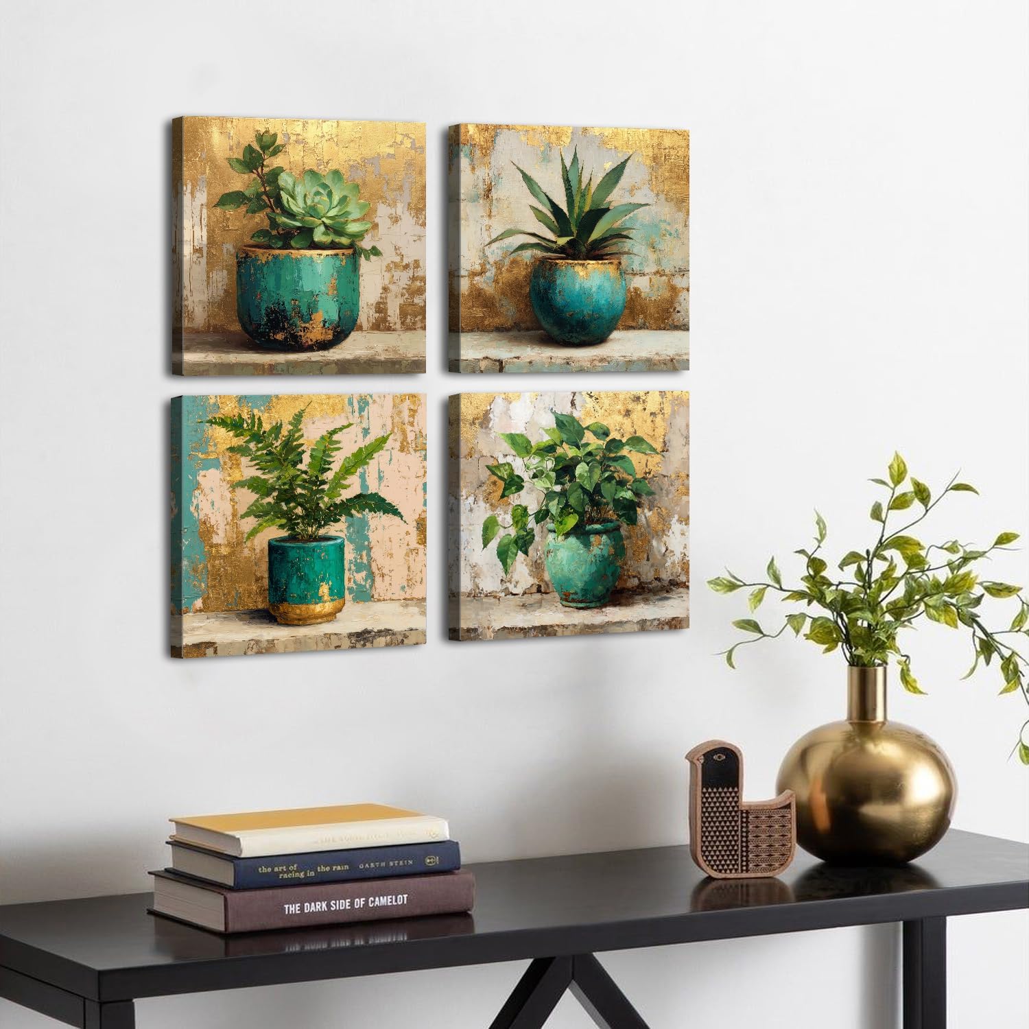 AIYISU Green Botanical Wall Art Green and Gold Bathroom Wall Decor Farmhouse Succulent Plant Pictures Vintage Rustic Tropical Canvas Prints Artwork for Living room Office Home Decorations 12x12 4Pcs