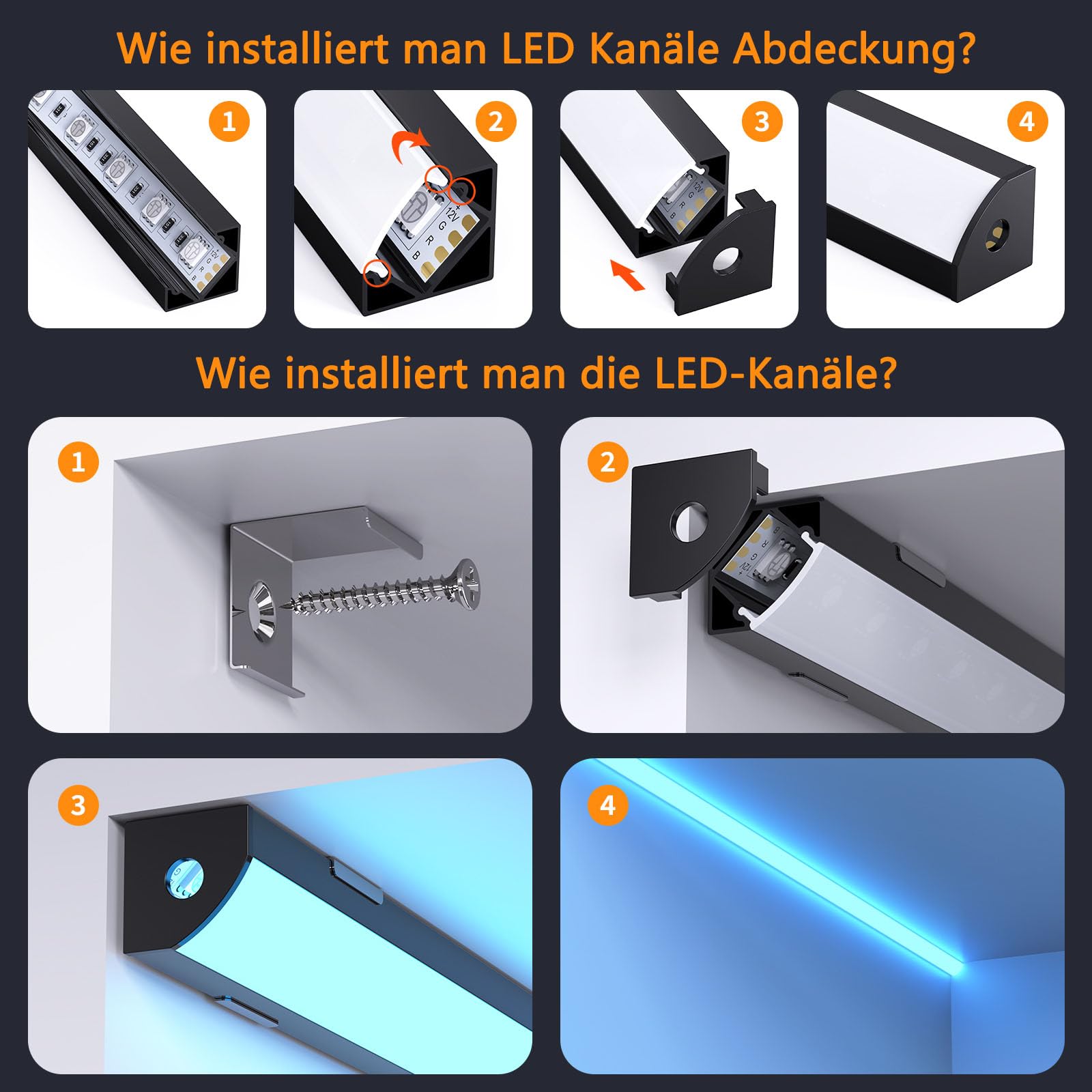 Chesbung 6Pack Schwarz LED Aluminum Kanal mit Milchiger Weißer Abdeckung, V Form Profil Leiste Aluprofil für 12mm LED Streifen/Strip/Band, Stripe Schiene Diffusor Alu Profil