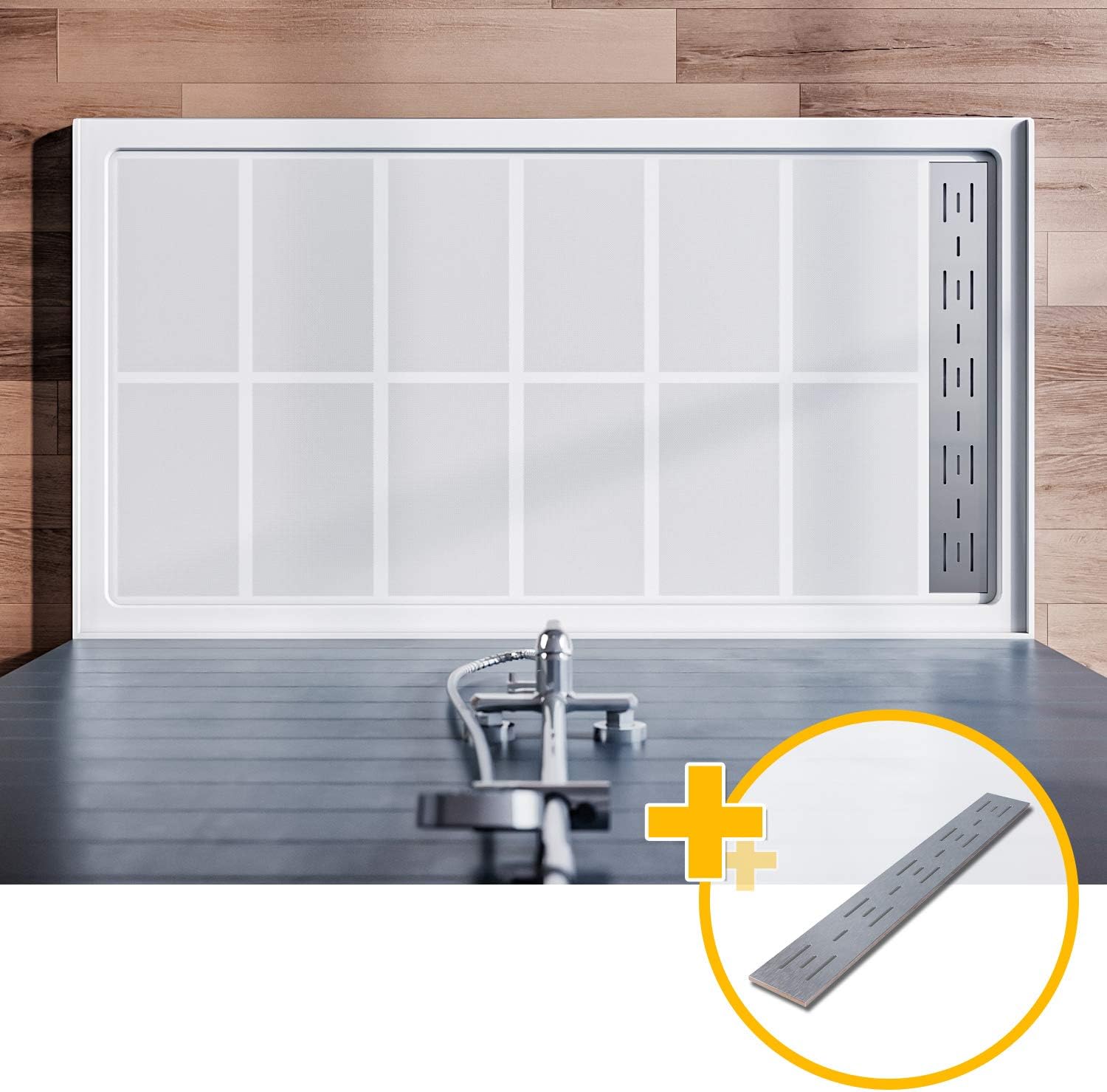 ELEGANT 60'' L x 32'' W x 4'' H Shower Base with 304 Left Trench Stainless Steel Drain Solid Surface Shower Pan White Including Drain Cover