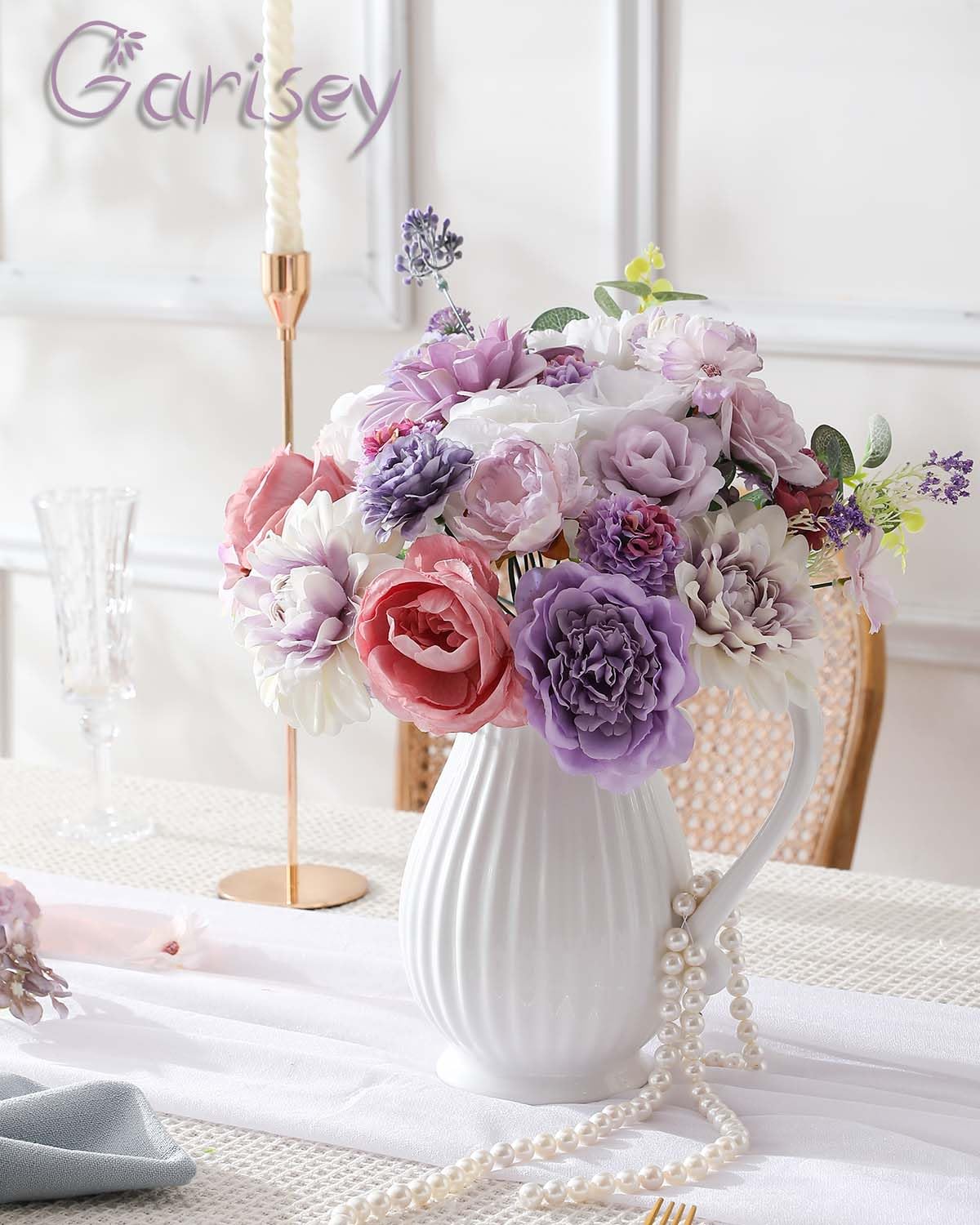 Garisey Künstliche Blumen Kombi-Box Set für DIY Hochzeit Blumenstrauß Arrangements Brautdusche Party Home Dekorationen (Weiß Lila Pfingstrose)