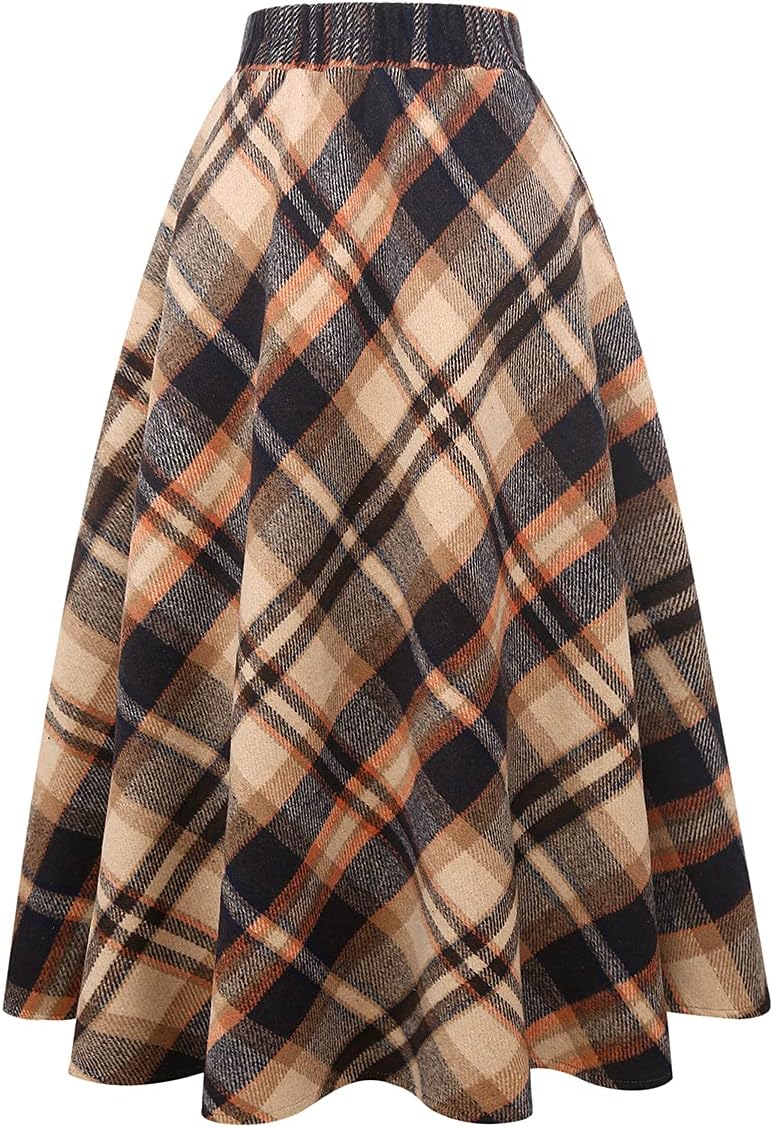 Womens Long Wool Plaid Skirts Aline High Waisted Warm Winter Skirts