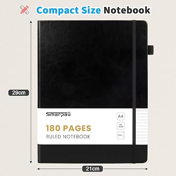 Smarpau A4 Notebook 180 Pages, Leather Lined Journal Notebook for Men Women, Thick Paper No Bleed for Writing, Hardback Notepad for Office School Travel (Black)