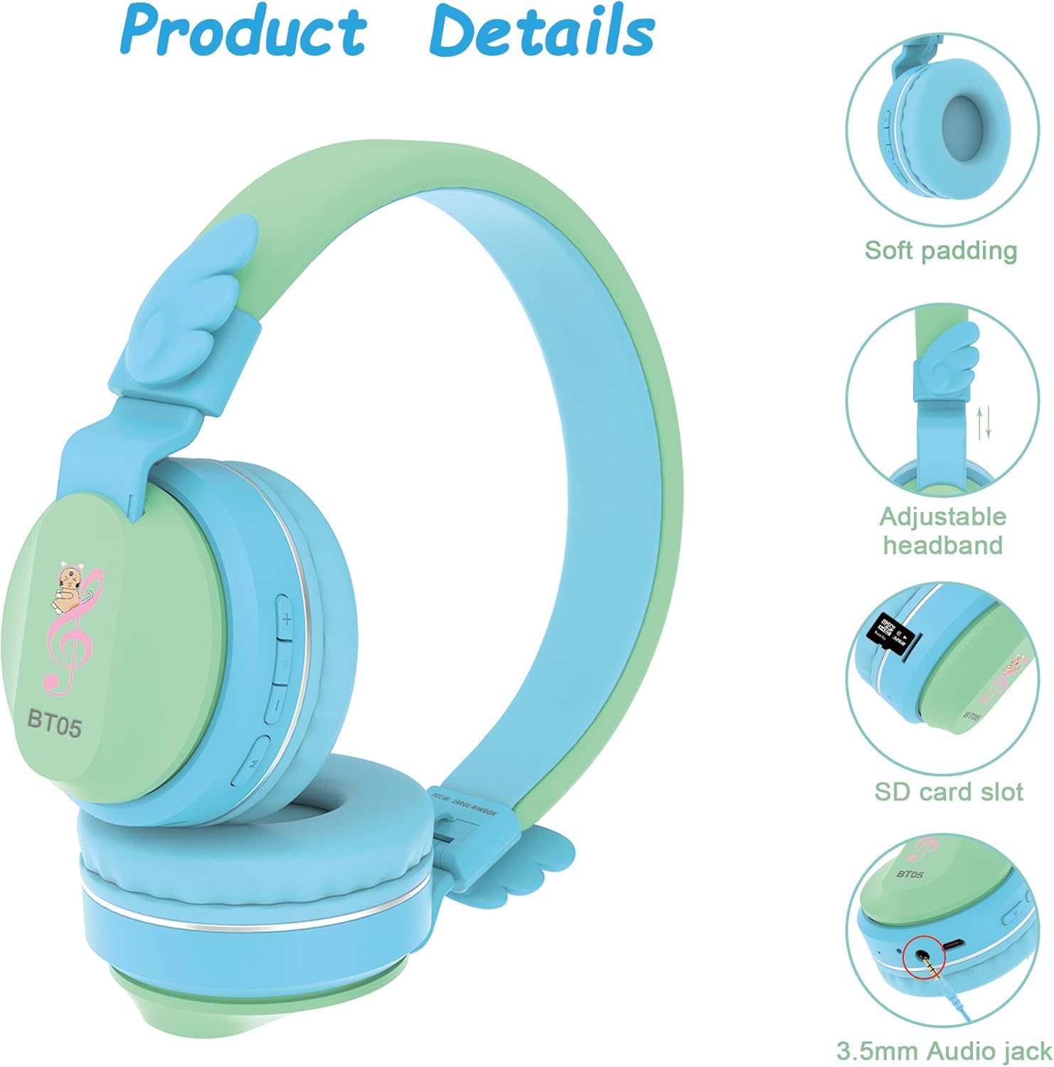 Riwbox BT05 Bluetooth Kids Headphones Wireless Foldable Headset Over Ear with Volume Limited and Mic/TF Card Compatible for iPad/iPhone/Tablet (Green&Blue)