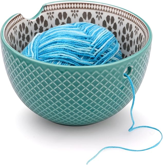 Ceramic Yarn Bowl, Yarn Storage Bowl for Crochet Yarn Holder, Ceramic Knitting Yarn Bowl for Knitting Crochet Hook Accessories (Blue)
