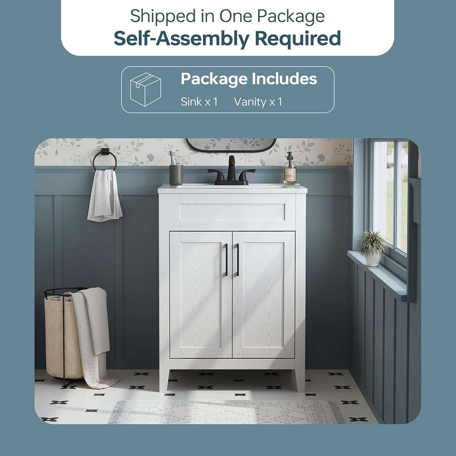 24 Inch Folding Bathroom Vanity with Sink, White Bathroom Vanity with Sink, Easy to Assemble Bathroom Sink Cabinet, 24 Inch Vanity with Integral Sink, Large Storage & Wood Grain Finish