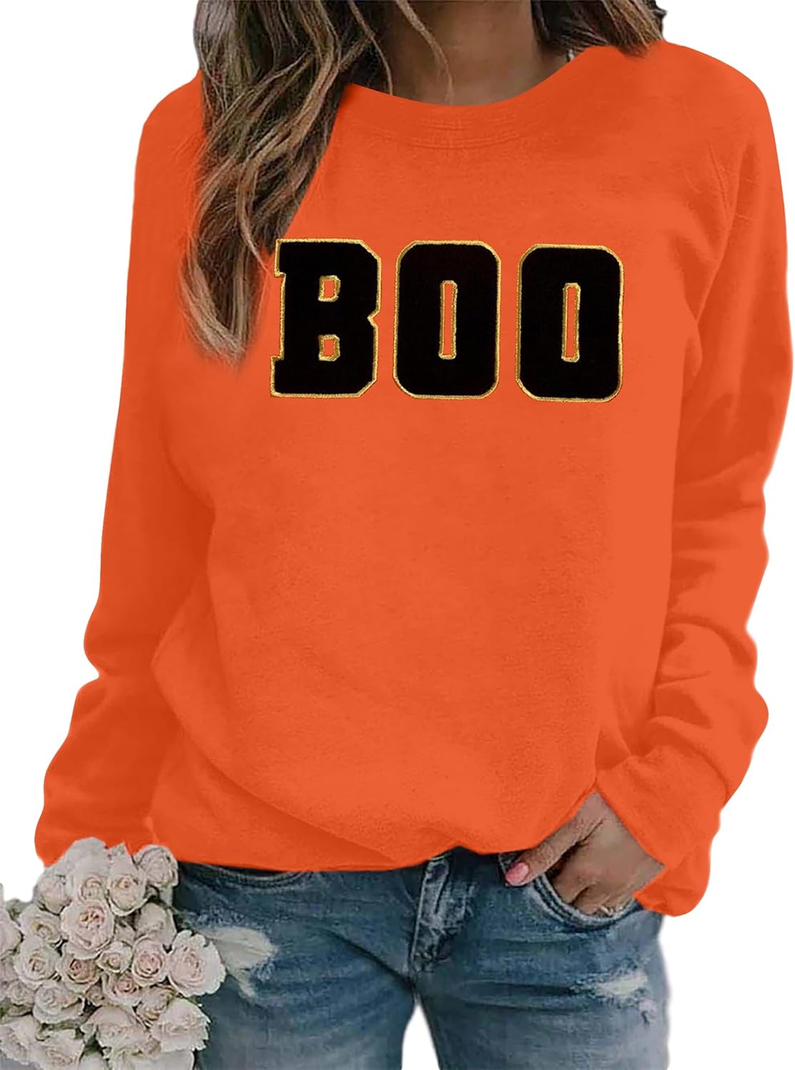 MYHALF Halloween Sweatshirt for Women Boo Embroidered Sweaters Cute Spooky Season Shirt Long Sleeve Fall Winter Pullover Tops