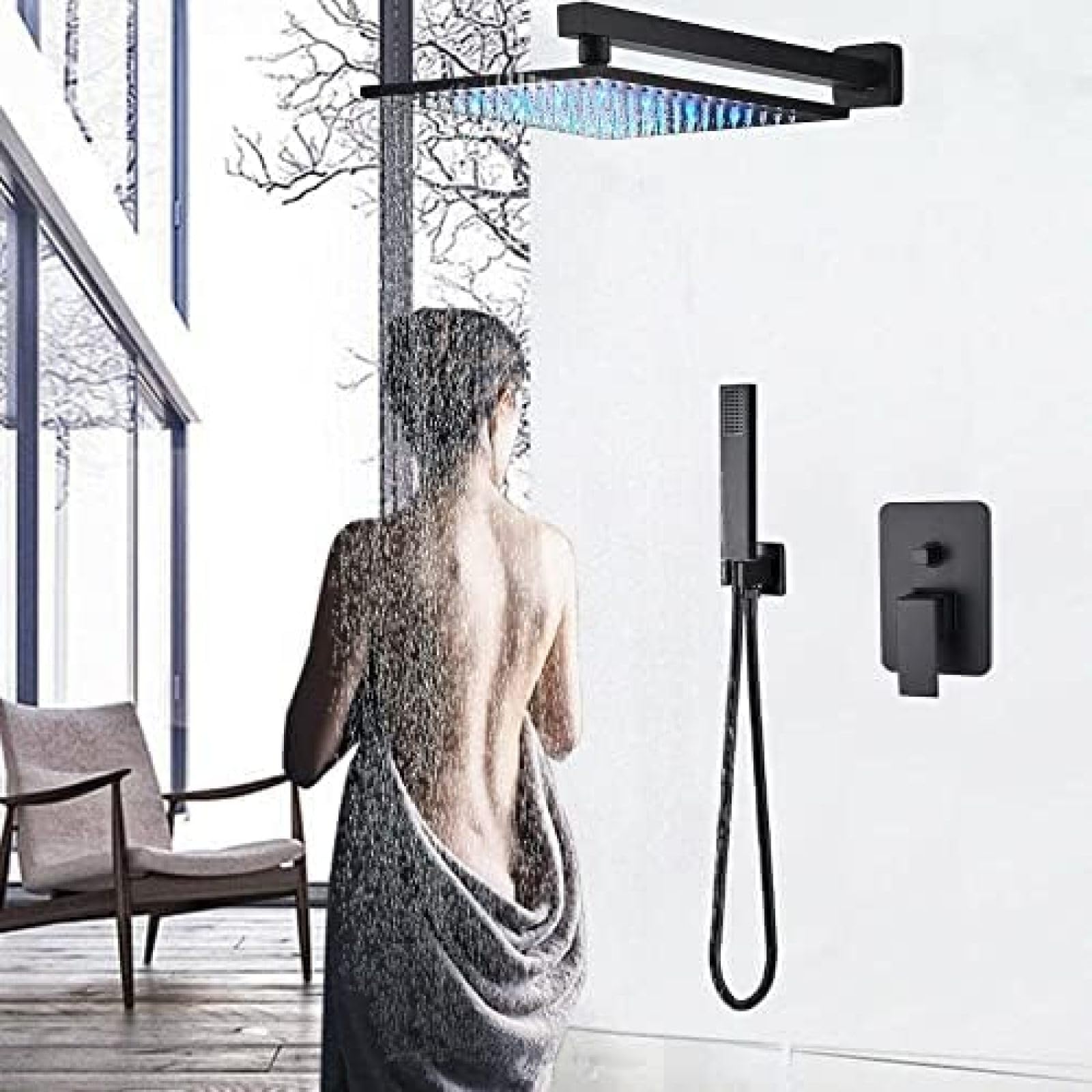 Robinet de douche effet pluie noir mural 8 pouces avec mitigeur 2 voies