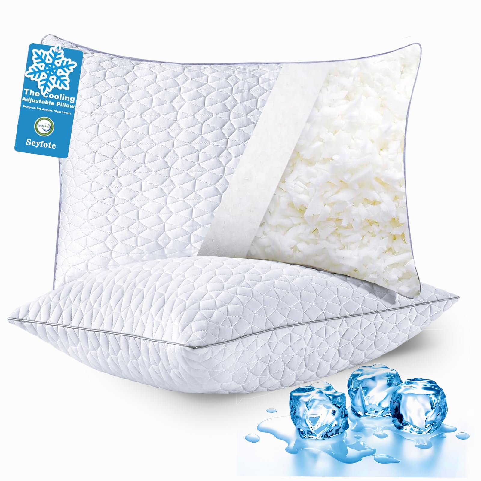 Cooling Pillows Queen Size Set of 2, Shredded Memory Foam Pillows, Adjustable Firm Bed Pillows Cool Cold Pillow for Hot Side Back Stomach Sleepers with Removable Washable Cover, 20" x 30", White
