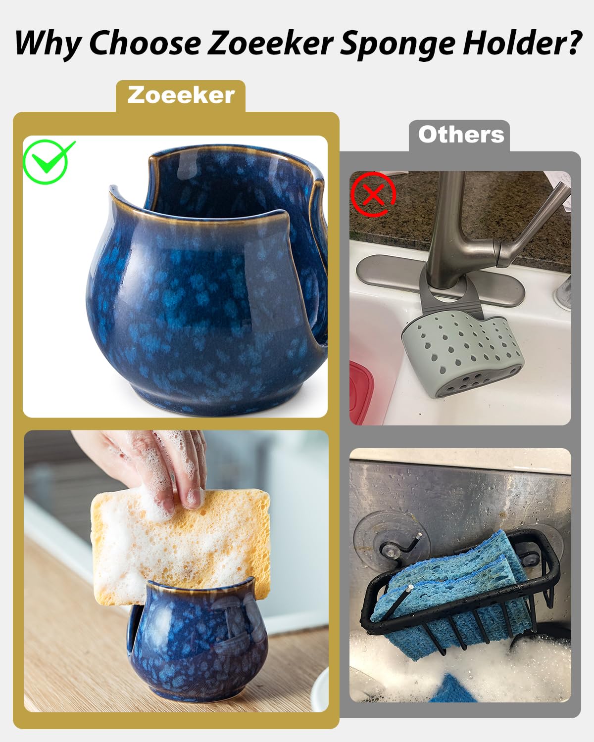 NiHome Schwammhalter Küche - Acryl Spülschwammhalter mit Saugnäpfen & Klebemontage, Spülbecken Organizer für Schwamm, Seife, Bürste, sponge holder kitchen sink,Kompatibel mit Scrub Daddy Halter