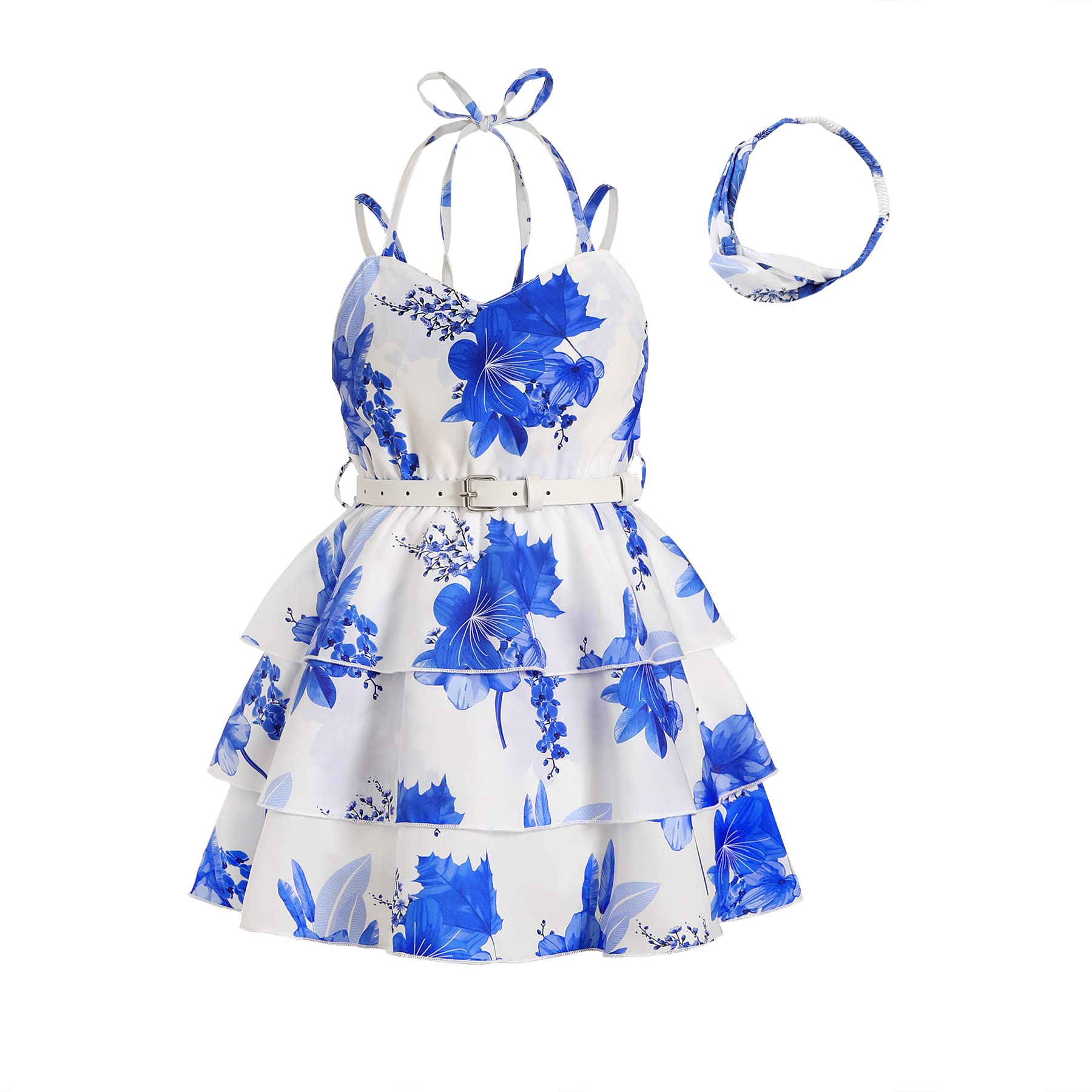 Toddler Girls Clothes Dress Halter Dots 3-Layer Pleated Party Dress Chiffon A-line Dress with Belt Headband Summer Outfits