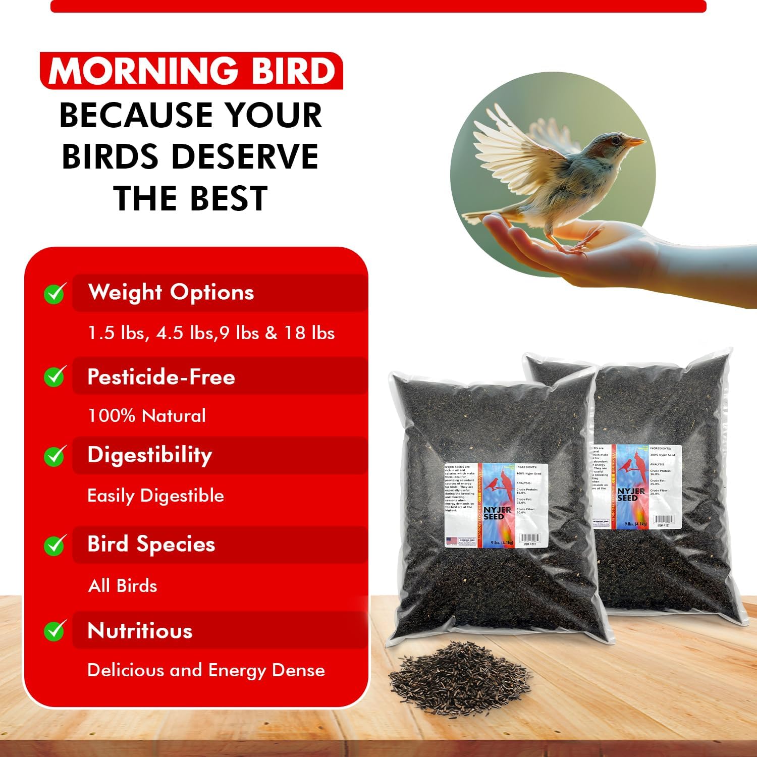Morning Bird Nyjer Seed for Birds 18 lbs (2-Pack, 9 lbs Each) – Rich in Natural Healthy Fats – Ideal for Breeding & Molting – Premium Bird Food for Canaries and Other Seed-Eating Birds