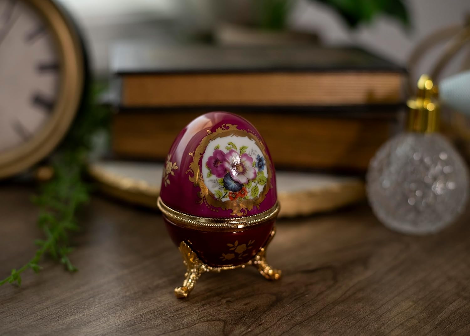 Haelo Musical Trinket Faberge Style Egg Jewelry Box, Red and Gold Tone Metal, Plays Tune Music of The Night