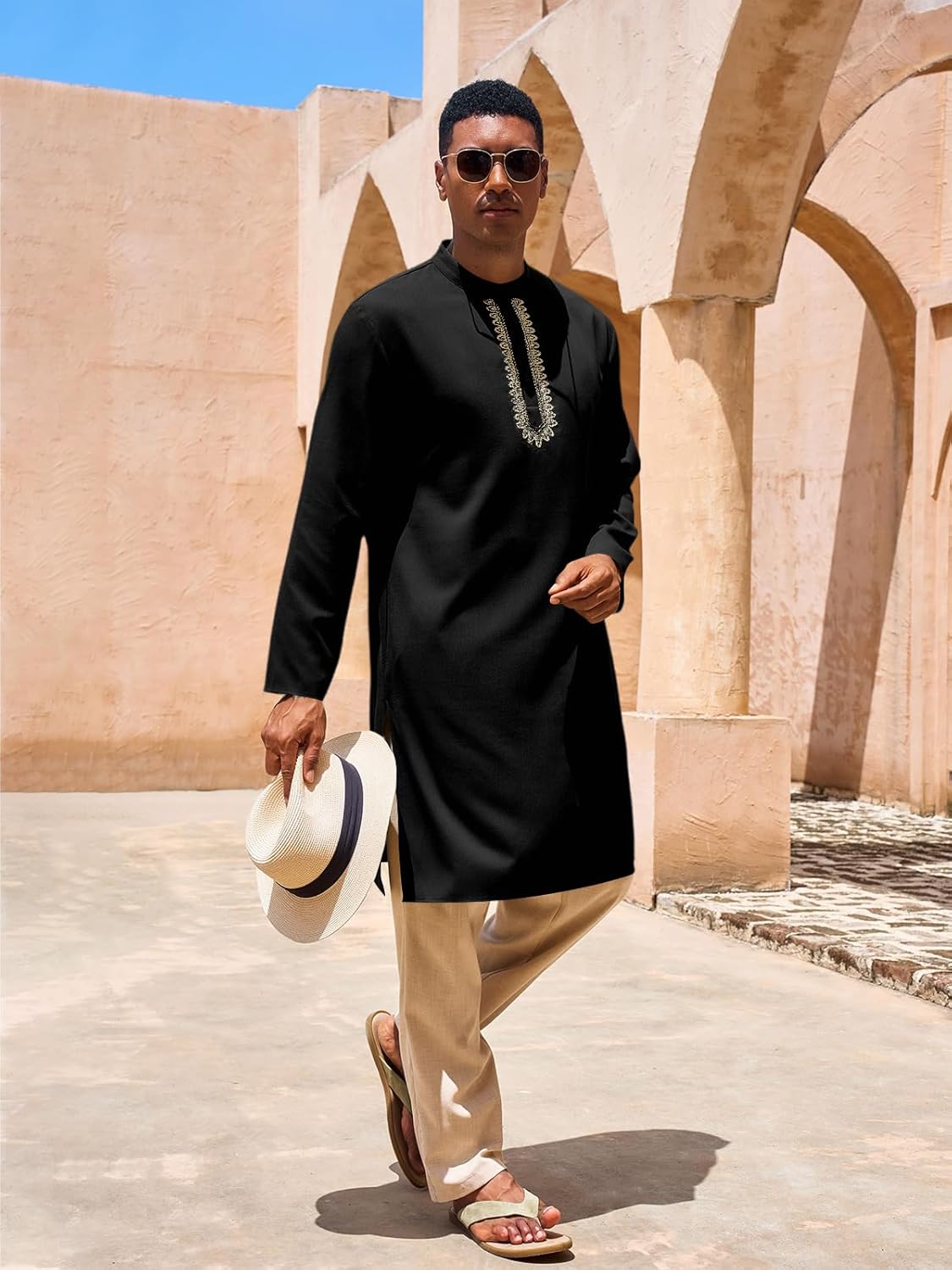 Yousify Mens Kaftan Thobe Casual Henley Shirts Button up Long Sleeve Robe Muslim Gown Shirt - Image 5
