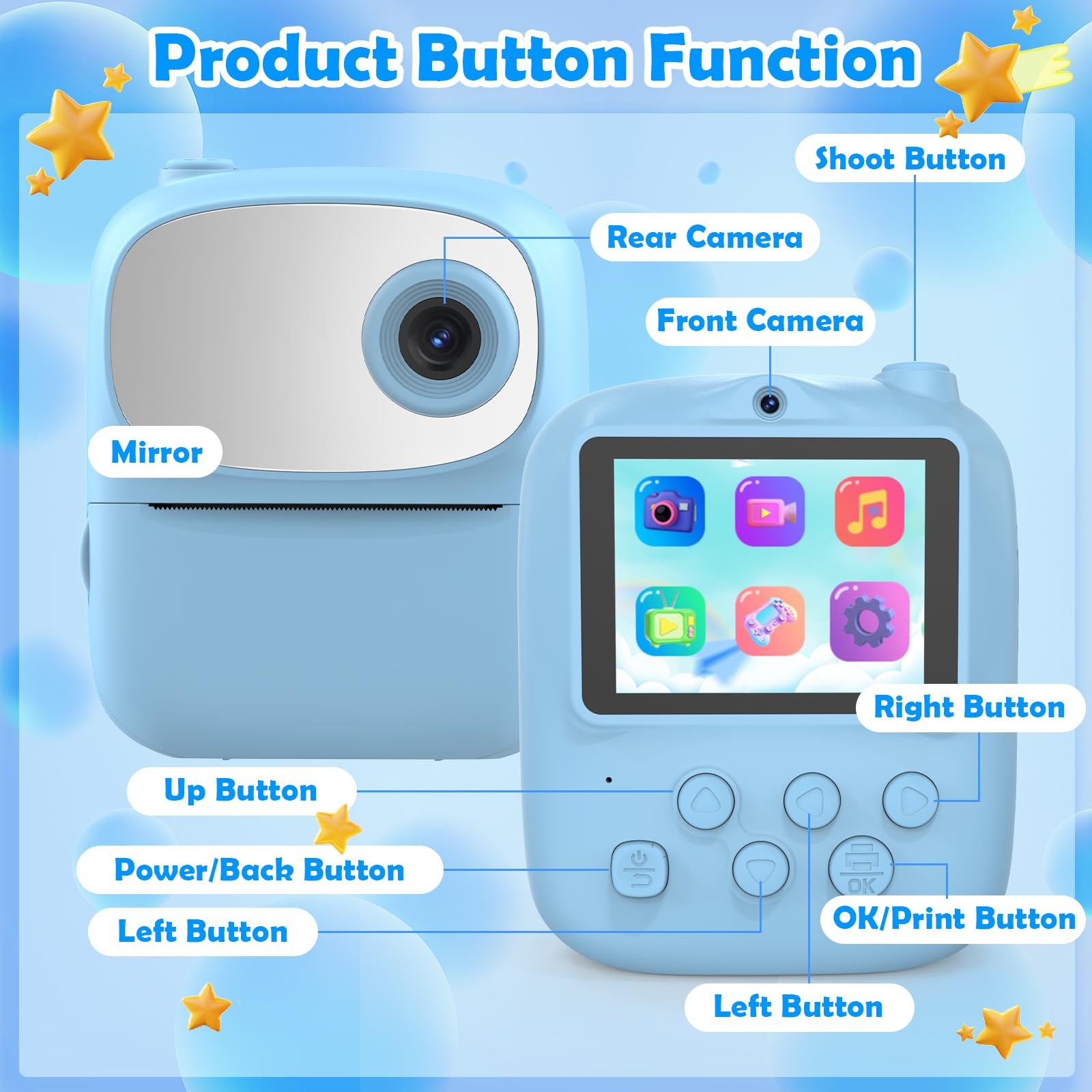 Nueva cámara para niños con impresión instantánea con espejo, cámara digital selfie de doble lente HD 1080P con 3 rollos de papel de impresión y tarjeta de 32 G, regalos de cumpleaños para