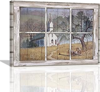 Country Church Wall Art Christian Church Pictures Wall Decor 3D Window Church Canvas Painting Print Rustic Religion Faith Farmhouse Home Decor Artworks Framed for Living Room Bedroom Office 16