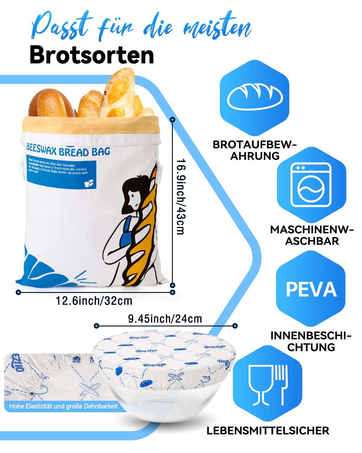 Sacchetto per pane in cera d'api naturale con coperchio a ciotola, riutilizzabile per mantenere fresco il pane a lievitazione naturale – Contenitore per il pane senza plastica (bianco)