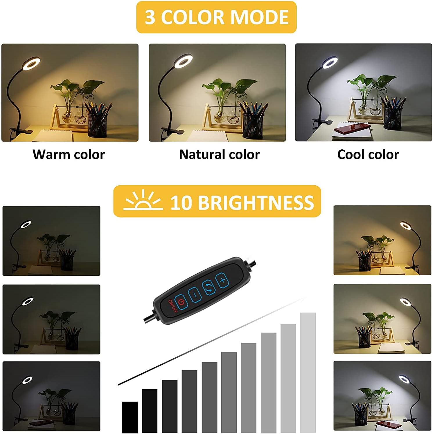 Desk Lamp Clip on Light, Desk Light 48 LED Lamp with 3 Lighting Modes, Dimmable 10 Brightness Levels, 360° Adjustable Gooseneck, Eye-Caring Small Lamp for Bed Headboard Reading(Included Adapter )