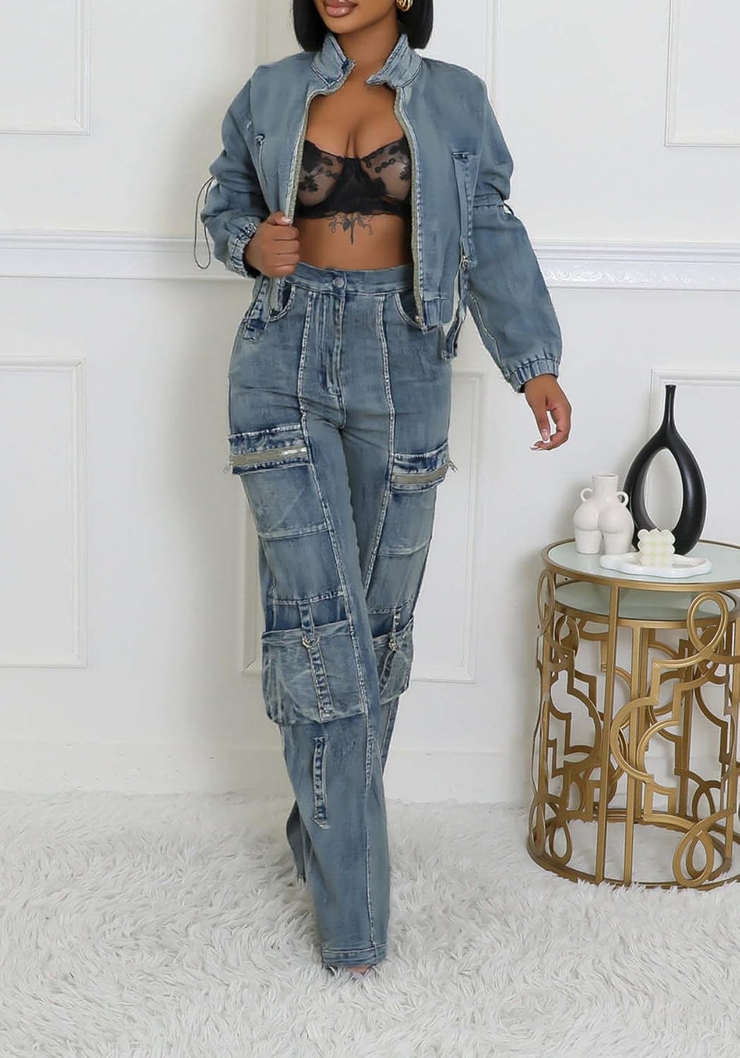 Tbahhir Womens 2 Piece Sets Denim Outfits Long Sleeve Crop Jean Jackets Cargo Pants with Pockets Y2k - Image 5