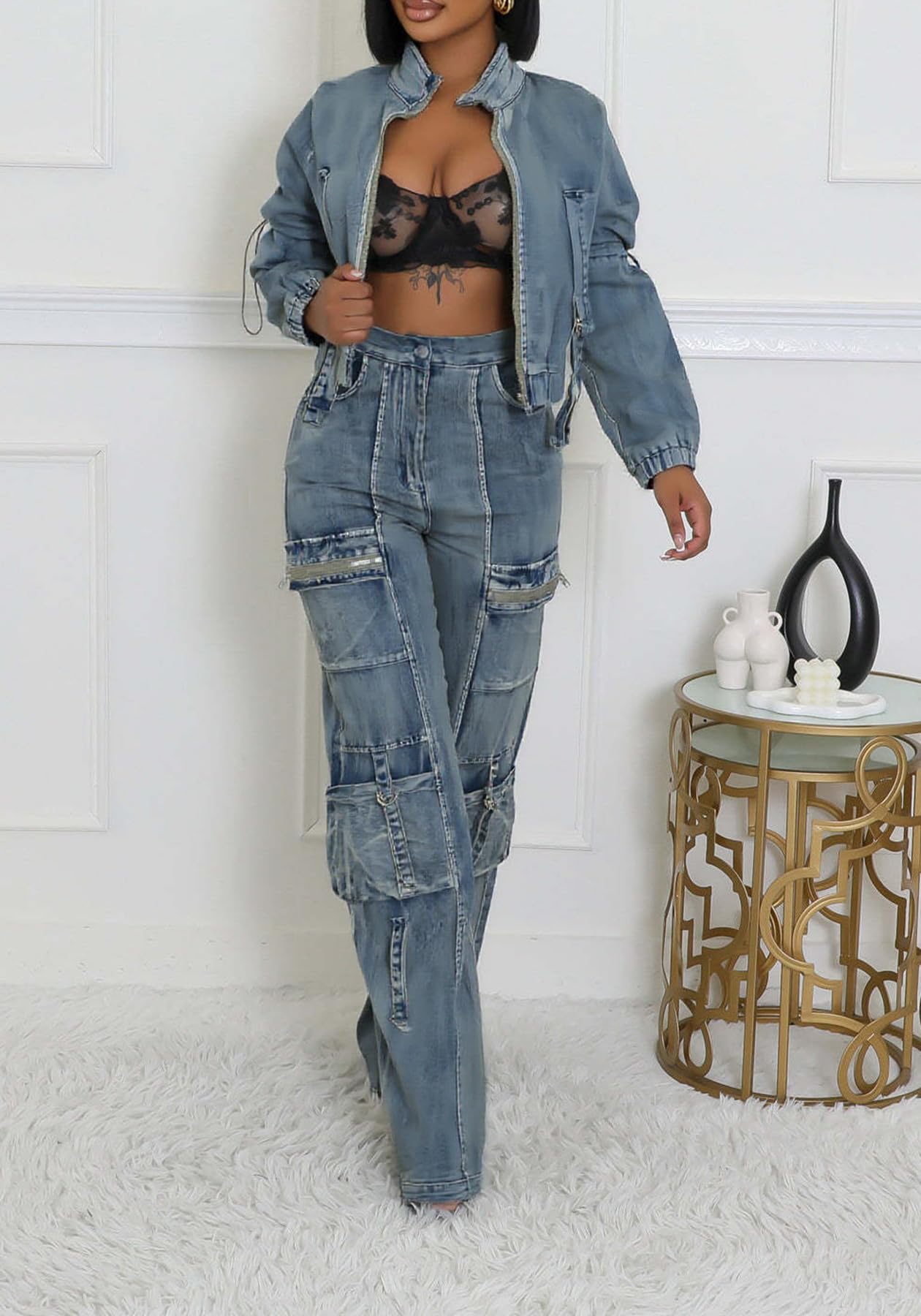Tbahhir Conjunto de 2 piezas para mujer, trajes de mezclilla de manga larga, pantalones cargo con bolsillos, Y2k
