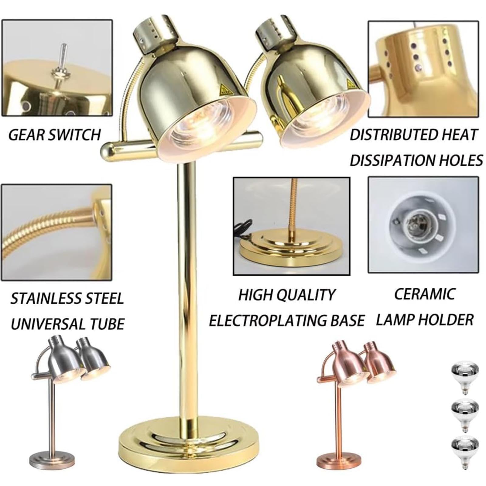 Lámpara Independiente para Calentar Alimentos Lámpara para Calentar Alimentos de Buffet de 2 * 250 W, Cabezal Ajustable de 360 ​​​​° para Restaurante de Cocina Buffet,Copper