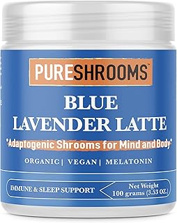 PureShrooms Blue Lavender Latte with Coconut Milk & Blue Spirulina - Nighttime Relaxation & Anti-Inflammatory Blend - Creamy, Soothing Drink for Sleep Support - Vegan
