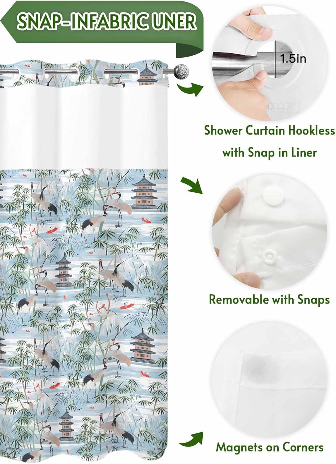 No Hook Shower Curtain with Snap in Liner, Chinese Style Tower Leaf Crane Waterproof Fabric Bathroom Curtain Mesh Top Window Washable Chinoiserie Blue Gradient Shower Curtains 72x72in
