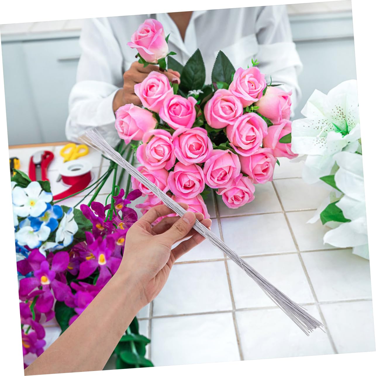 DOITOOL 100pcs White Floral Stem Wires for DIY Craft Projects Flexible Wrapped Stems for Flower Arrangements and Creative Decorations Long