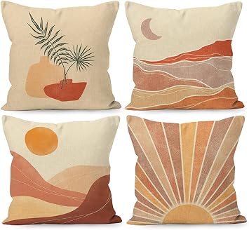 Boho Throw Pillow Covers, Desert Landscape Linen Pillows 18 x 18 Inch Set Of 4, For Bed & Home Decor