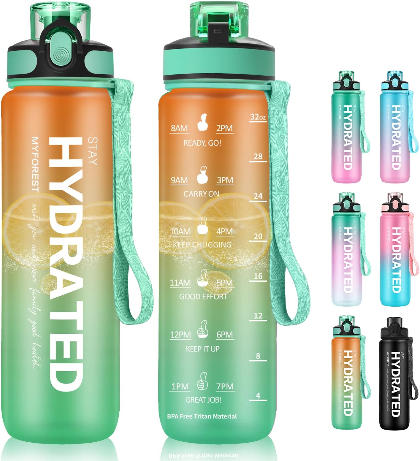 MYFORESTSports Water Bottle Liter, Large Spout for Large Sip/Removable Straw for Small Sip, Time Marker for Motivational Hydration, BPA Free
