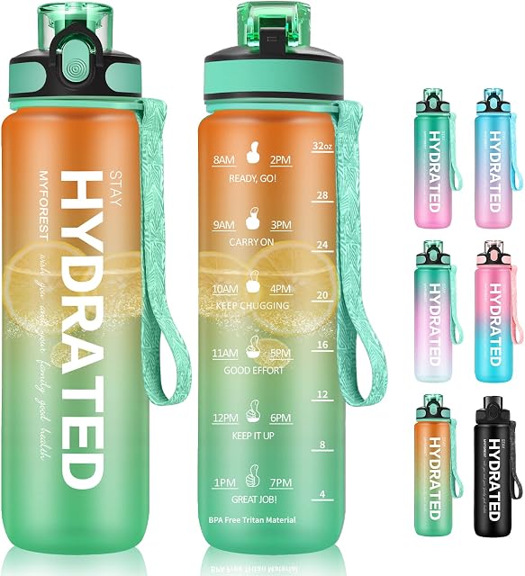MYFOREST 1Litre Water Bottles with Straw BPA Free,1L Daily Water Intake Bottle with Handle 100% non-toxic & Leakproof,32oz Gym Jug for any fitness goals CLEAR - Orange Green