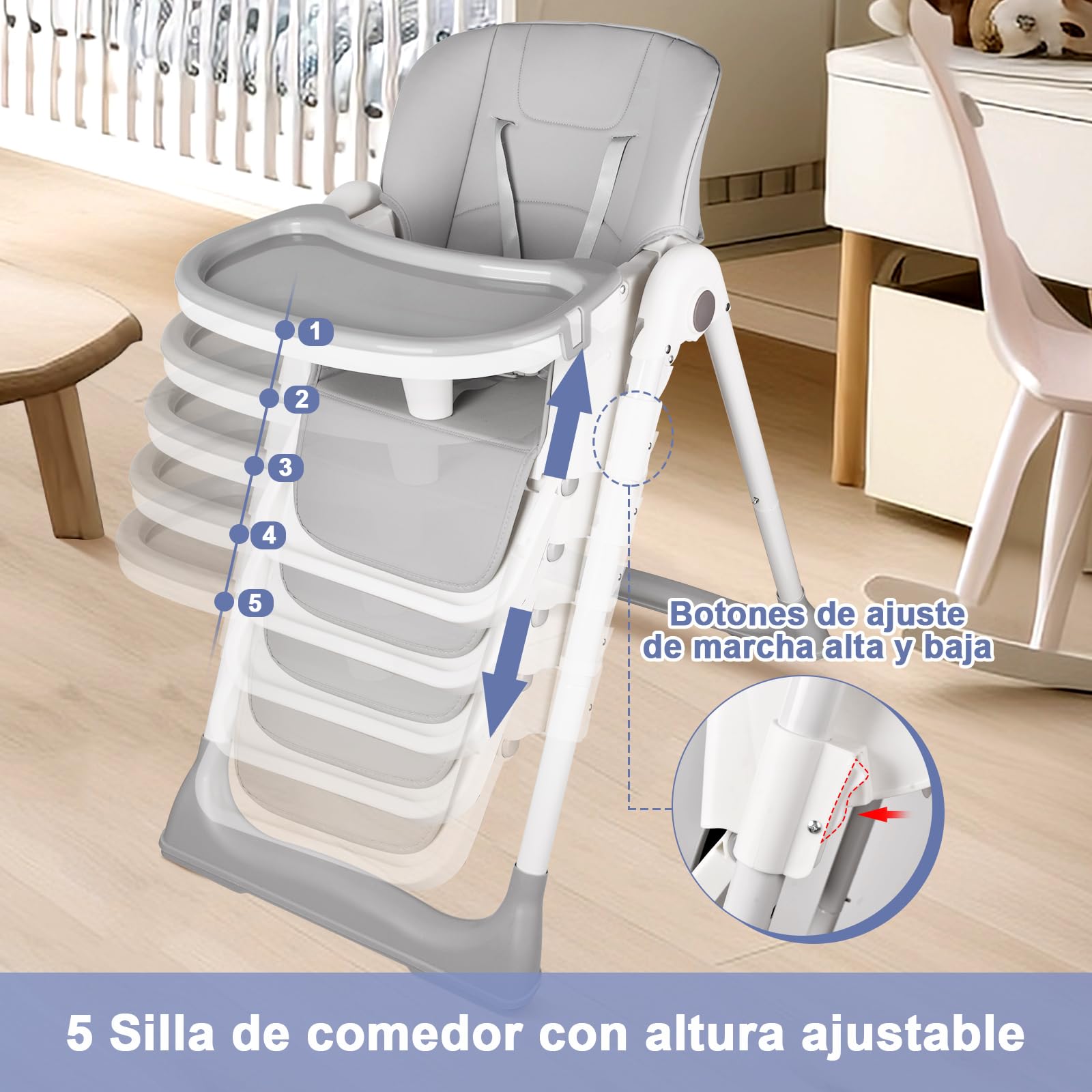 Trona Bebé Evolutiva, Trona para Bebe Ajustable y Reclinable, Plegable con Tabla de Comedor, De 6 a 36 meses, Gris