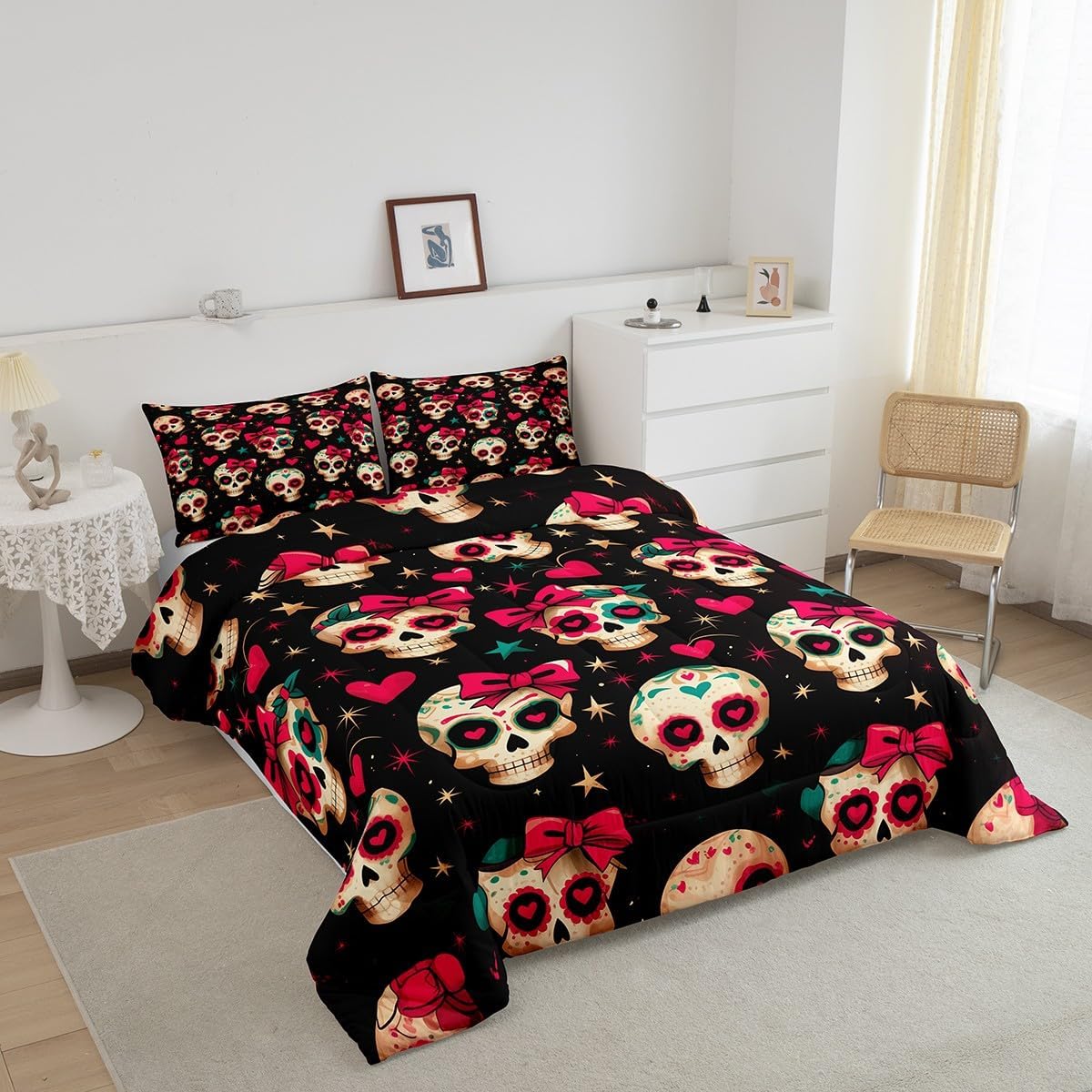 Feelyou Skull Comforter Set Queen Size Bow Ties Comforter for Boys Girls Teens Heart Bedding Set Star Print Duvet Set Room Decor Rose Black Quilt Set