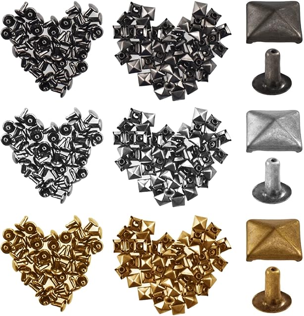 Pyramid Square Rivets TAIZER 150 Set 6 mm Leather Rivets Double Cap Rivets Steel Tube Metal Rivets for Punk Clothing, Jackets, Jeans, Bags DIY Leathercraft Decoration 3 Colours Gold, Silver, Black