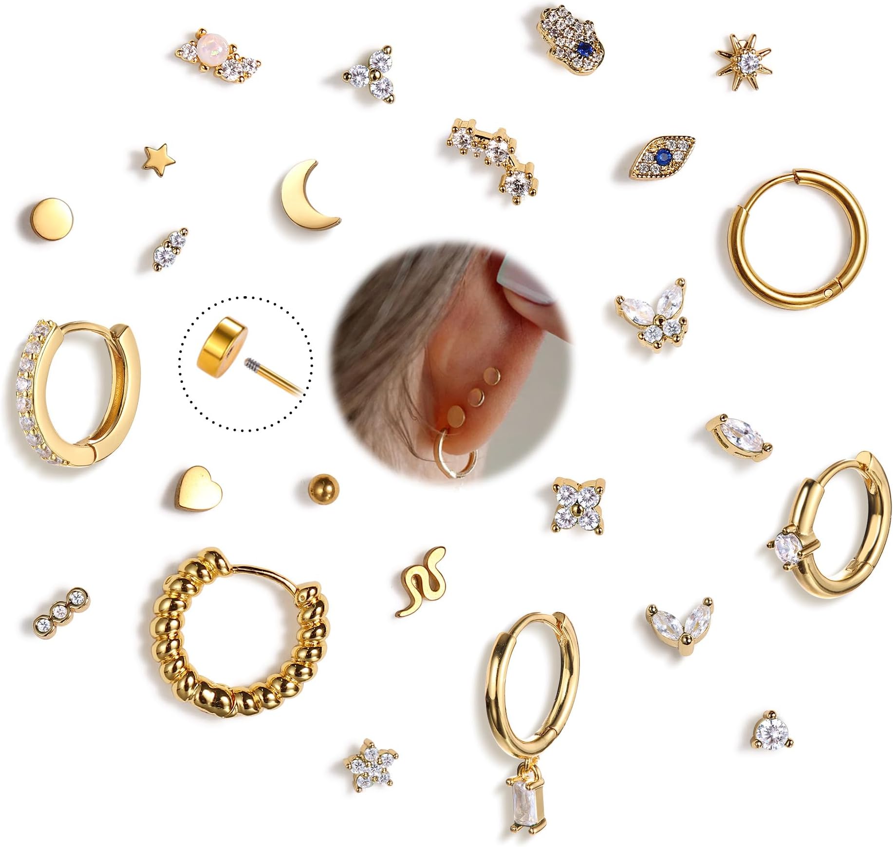 25Pcs Hypoallergenic Surgical Steel Earrings for Sensitive Ears 14K Gold Plated Flat Back Cartilage Earrings Women Men Screw Back Flatback Stud Hoop Earring Set for Multiple Piercing