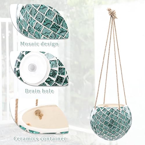 Miniatura 3 de Maceta colgante de cerámica con mosaico, maceta colgante para plantas de interior, maceta de bola de discoteca con drenaje
