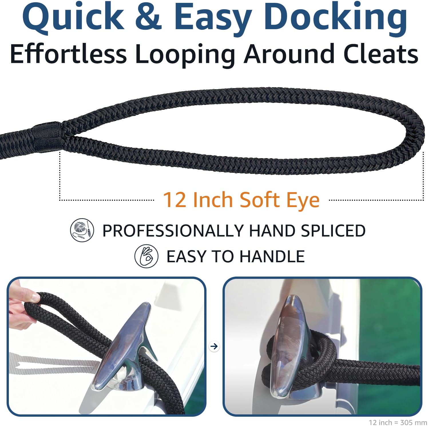Boots-Dockleinen 1,27 cm x 4,9 m, doppelt geflochtene Nylon-Dockleinen für Boote und Pontons, Marine-Grade-Nylon-Dockleine mit einem 30,5 cm Öse, ultimatives Marine-Seil, Bootszubehör, Schwarz, 4