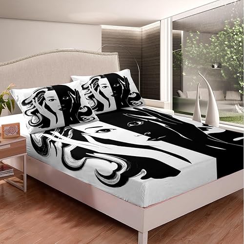 Miniatura 3 de Juego de ropa de cama de arte abstracto, sábana bajera ajustable en blanco y negro, para mujeres adultas, sábanas bajeras geométricas a rayas,
