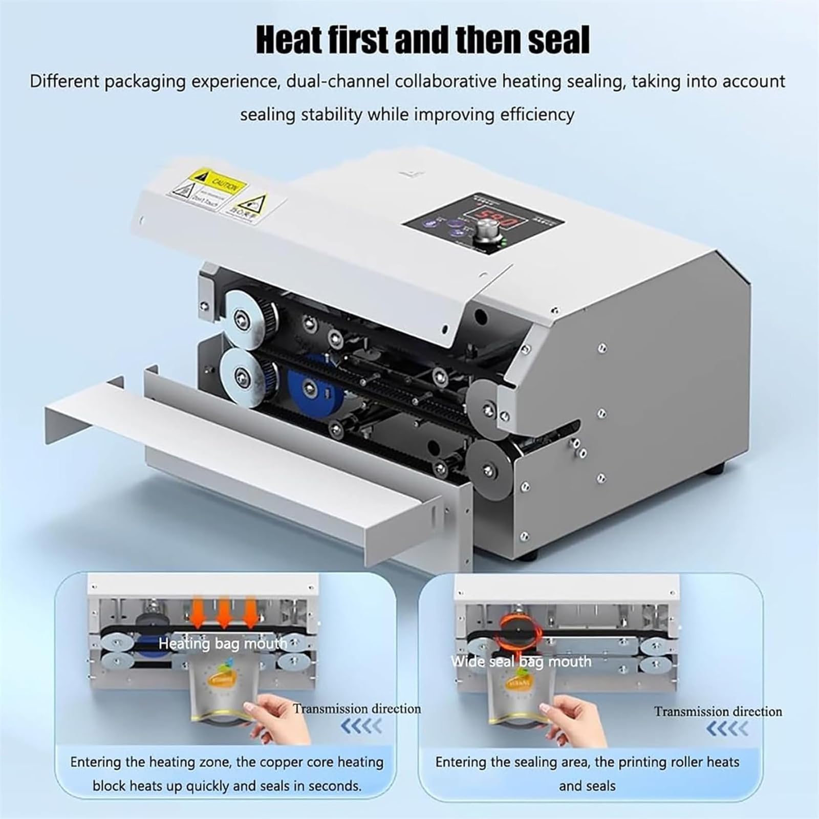 Máquina de Sellado de Banda Continua, Sellador de Banda Horizontal automático, Máquina de Sellado Continuo con Control de Temperatura (80-250 ℃) y Velocidad 6M/MIN