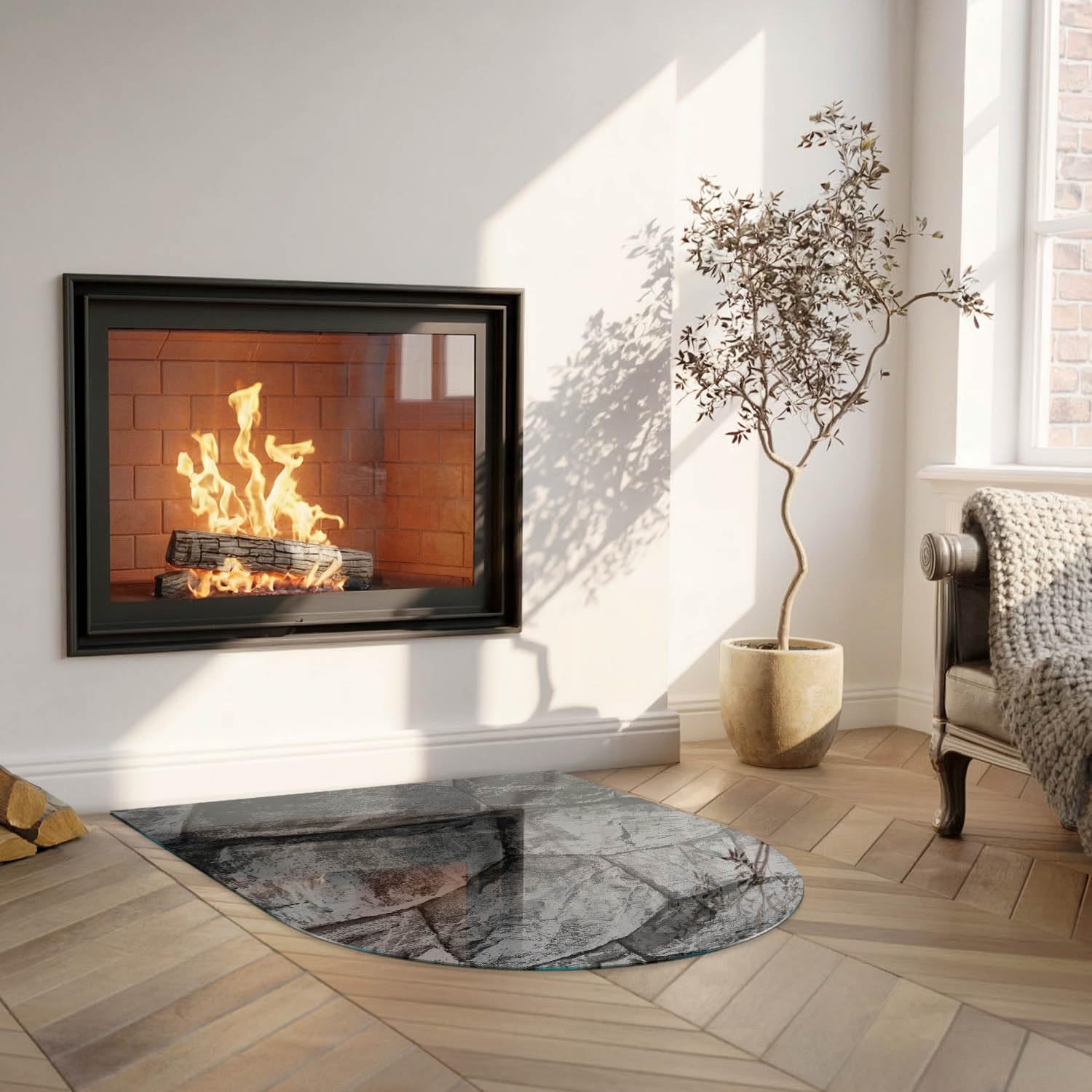 Funkenschutzplatte für Kamin 100x100 cm Halbrund Schutzplatte Elegantes Design Stilvollem Motiv Hitzeschutz Dekorative Glasbodenplatte Glasboden Hartglas - Natursteinmuster