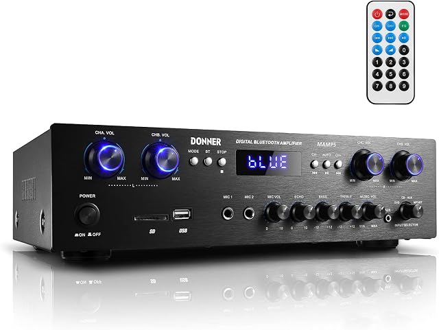 Bluetooth 5.0 Stereo Audio Amplifier Receiver, Donner Peak power 440 W Hi-Fi Wireless 4 channel Desktop Amp with USB, SD,FM, 2 Mic IN Echo, RCA, LED, Speaker Selector for Studio, Home Speakers-MAMP5