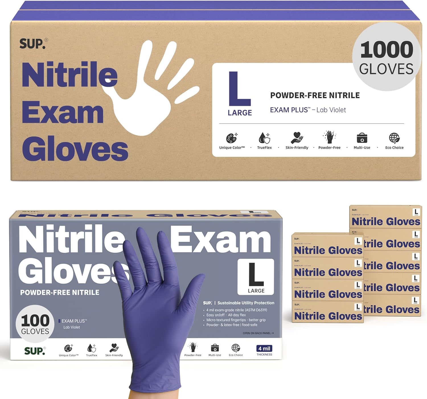SUP Nitrile Exam Gloves, Powder-Free Latex-Free Food Safe Disposable Glove for Medical Cooking Cleaning, Lab Violet 1000 Ct