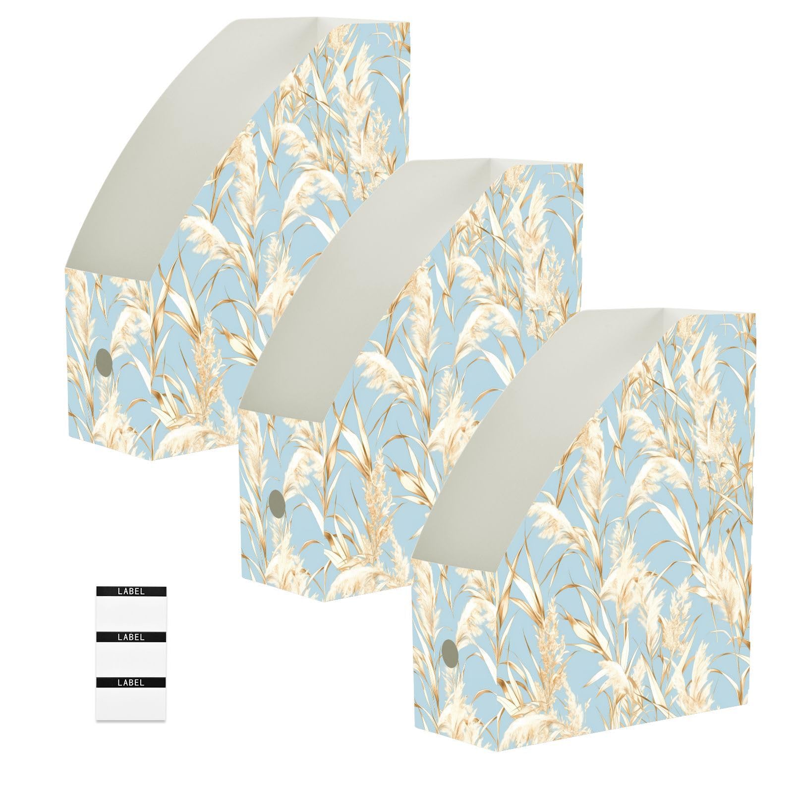 Boîte de rangement bleu clair aquarelle et pampa dorée lot de 3 bacs pliables de tri maison