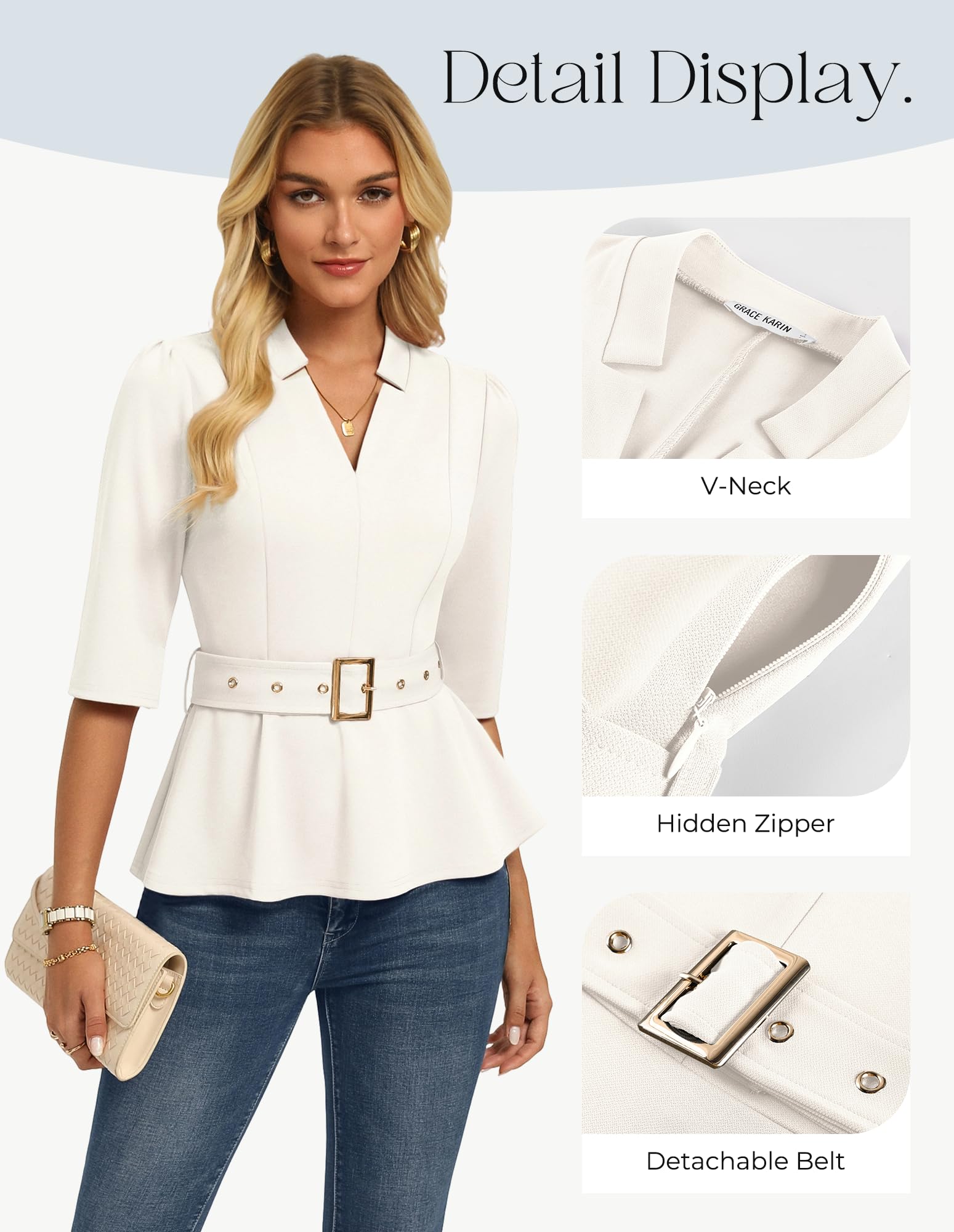 GRACE KARIN Blusa de manga 3/4 para mujer, estilo casual, cuello en V, estilo peplum, elegante, ajustada, para oficina, trabajo, con cinturón