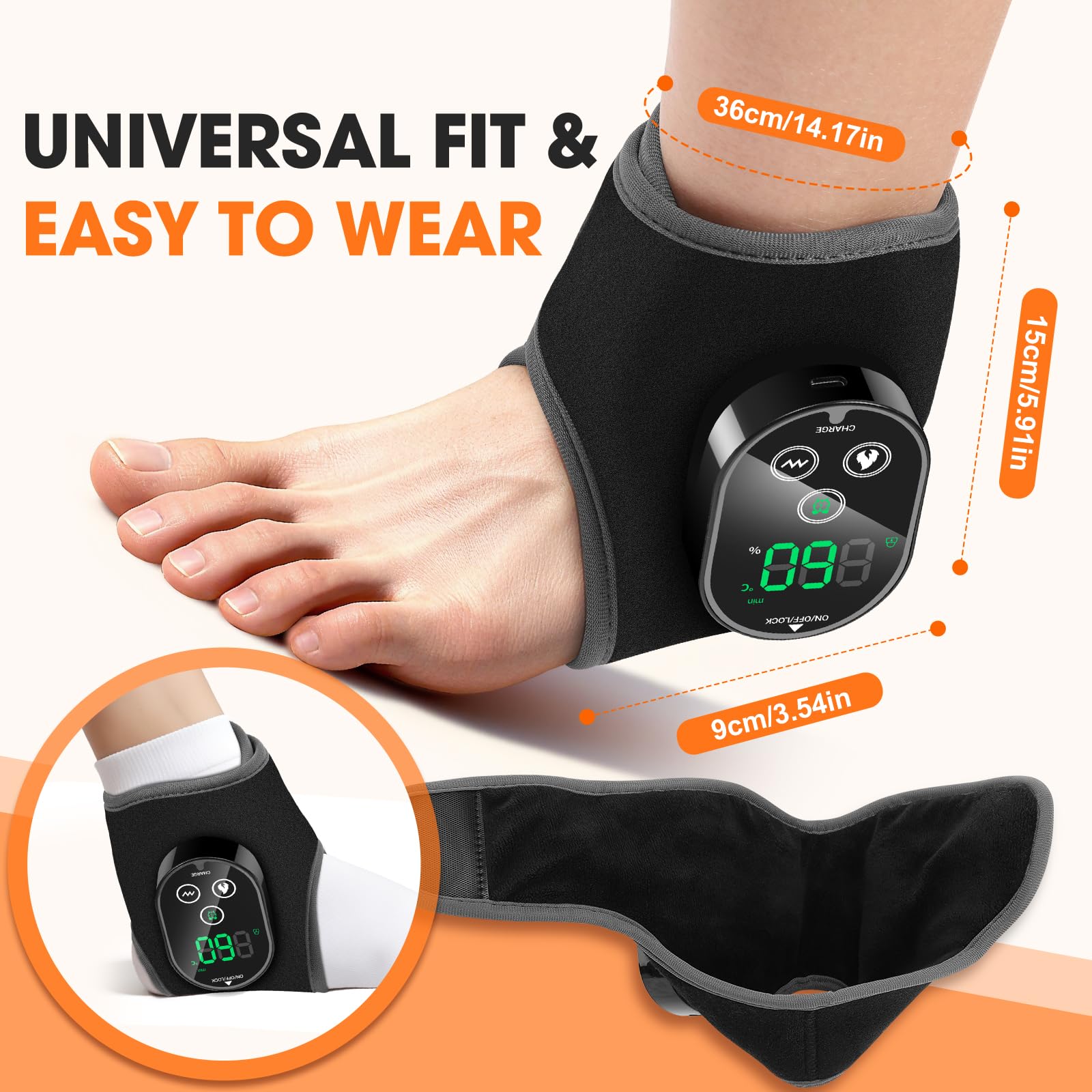 Almohadilla Térmica Para Tobillo Inalámbrica con Masaje Vibratorio, 4 Niveles Calor, 3 Modos Vibración, Batería 3000mAh