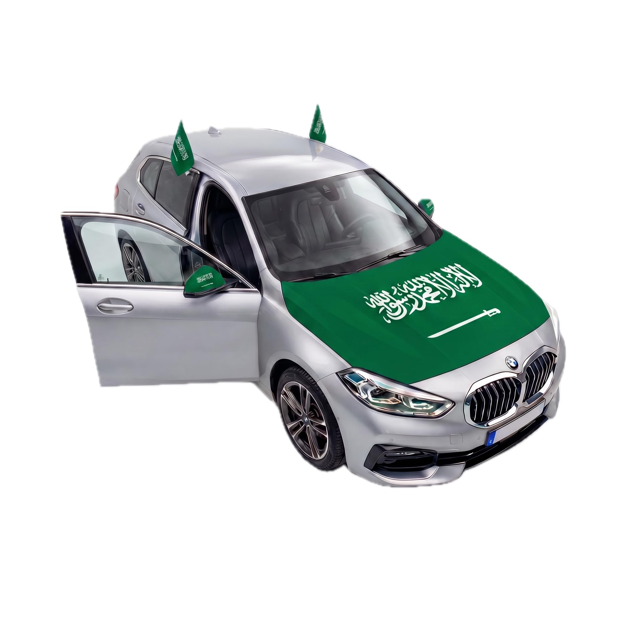 Auto Fahnen Saudi-Arabien Komplett Set - Motorhaubenfahne, 2 Autofahnen Fenster & 2 Außenspiegelfahnen, Fußball Fanartikel FZG für EM & WM, Saudische Flagge Fahrzeug Deko