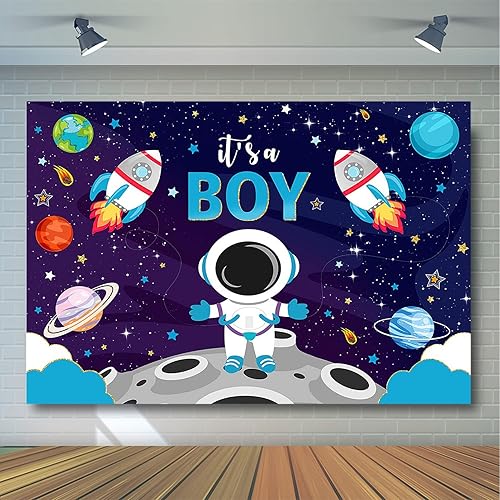 Miniatura 3 de Avezano Telón de fondo para baby shower con texto en inglés "It's A Boy", astronauta azul, decoración de fiesta de baby shower, temática del