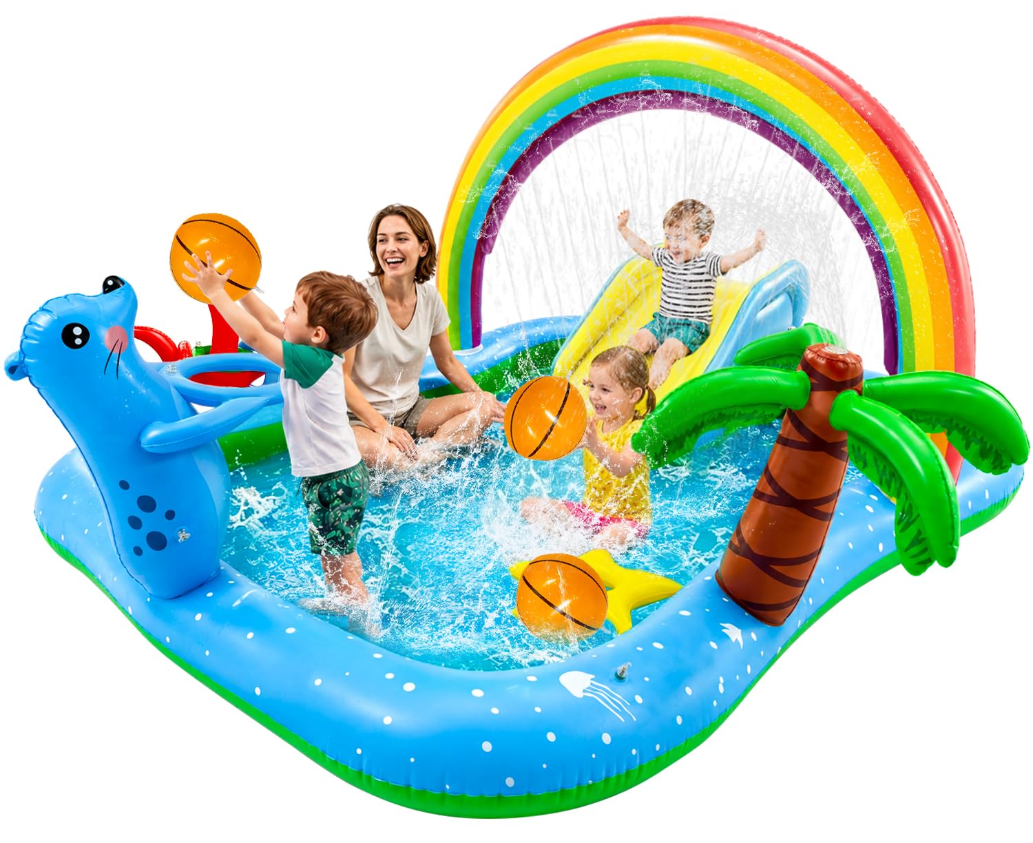 Photo 1 of UMEELR Inflatable Play Center Pool with Water Slide, 90.6 X 77.6in Rainbow Sprinkler Arch & Seal Design Kiddie Pool for Kid's Summer Backyard Splash Toy with Slide, Sprinkler & Play Area