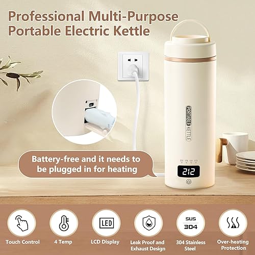 Miniatura 9 de Tetera de viaje, pequeña tetera eléctrica, portátil, con 4 ajustes de temperatura, enchufe en acero inoxidable 304, con apagado automático (negro)