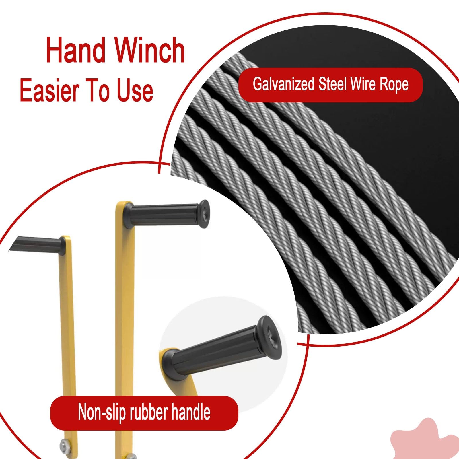 Handwinde Doppelsperre, Robust für Bootsanhänger mit Haken | Verzinktes Stahldrahtseil, Gummigriff, for Boote, Lkws, Anhänger, Werkstätten(1200LB/544KG,Bare-Metal)